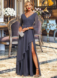 Olga A-line V-Neck Floor-Length Chiffon Mother of the Bride Dress With Cascading Ruffles UKP0021653