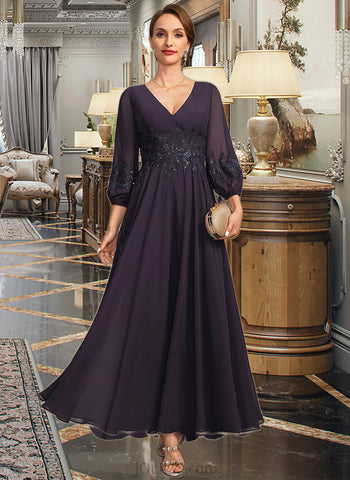 Adalynn A-line V-Neck Ankle-Length Chiffon Lace Mother of the Bride Dress With Sequins UKP0021655