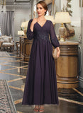 Adalynn A-line V-Neck Ankle-Length Chiffon Lace Mother of the Bride Dress With Sequins UKP0021655