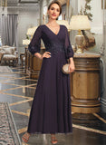 Adalynn A-line V-Neck Ankle-Length Chiffon Lace Mother of the Bride Dress With Sequins UKP0021655