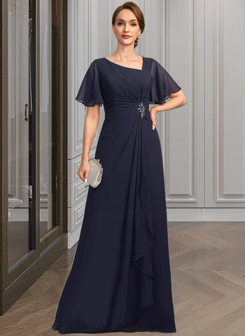 Emmy A-line Asymmetrical Floor-Length Chiffon Mother of the Bride Dress With Beading Pleated Sequins UKP0021660