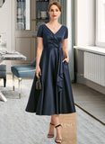 Jadyn A-line V-Neck Tea-Length Satin Mother of the Bride Dress With Cascading Ruffles UKP0021661