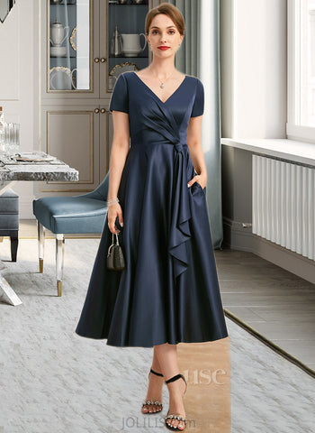 Jadyn A-line V-Neck Tea-Length Satin Mother of the Bride Dress With Cascading Ruffles UKP0021661