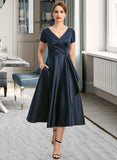 Jadyn A-line V-Neck Tea-Length Satin Mother of the Bride Dress With Cascading Ruffles UKP0021661