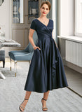 Jadyn A-line V-Neck Tea-Length Satin Mother of the Bride Dress With Cascading Ruffles UKP0021661