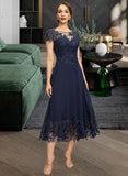 Lydia A-line Scoop Illusion Tea-Length Chiffon Lace Mother of the Bride Dress With Sequins UKP0021664