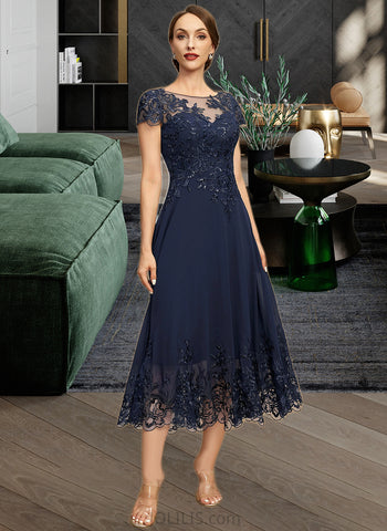 Lydia A-line Scoop Illusion Tea-Length Chiffon Lace Mother of the Bride Dress With Sequins UKP0021664