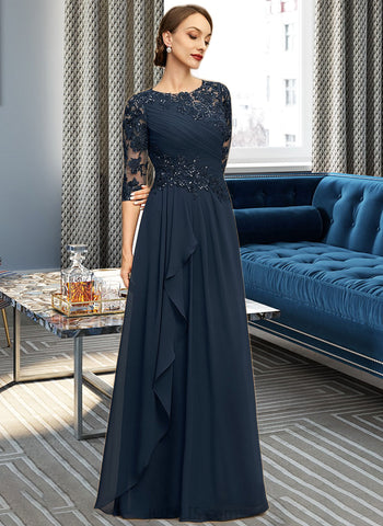 Brooklynn A-line Scoop Floor-Length Chiffon Lace Mother of the Bride Dress With Cascading Ruffles Sequins UKP0021673