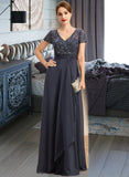 Estrella A-line V-Neck Floor-Length Chiffon Lace Mother of the Bride Dress With Beading Cascading Ruffles Sequins UKP0021675