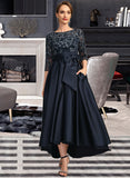 Hillary A-line Scoop Illusion Asymmetrical Lace Satin Mother of the Bride Dress With Bow UKP0021678