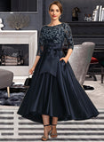 Hillary A-line Scoop Illusion Asymmetrical Lace Satin Mother of the Bride Dress With Bow UKP0021678