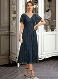 Eleanor A-line V-Neck Tea-Length Chiffon Lace Mother of the Bride Dress UKP0021686