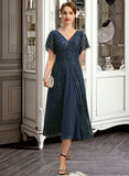 Eleanor A-line V-Neck Tea-Length Chiffon Lace Mother of the Bride Dress UKP0021686