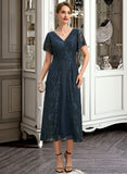 Eleanor A-line V-Neck Tea-Length Chiffon Lace Mother of the Bride Dress UKP0021686