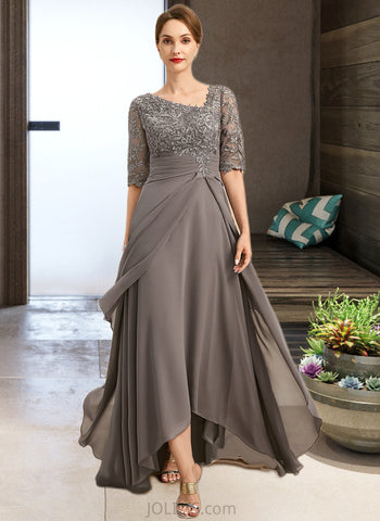 Lillie A-line Asymmetrical Asymmetrical Chiffon Lace Mother of the Bride Dress With Pleated Sequins UKP0021688