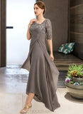 Lillie A-line Asymmetrical Asymmetrical Chiffon Lace Mother of the Bride Dress With Pleated Sequins UKP0021688