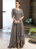 Lillie A-line Asymmetrical Asymmetrical Chiffon Lace Mother of the Bride Dress With Pleated Sequins UKP0021688