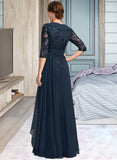 Johanna A-line V-Neck Floor-Length Chiffon Lace Mother of the Bride Dress With Cascading Ruffles Sequins UKP0021691