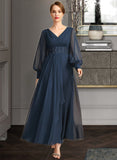 Libby A-line V-Neck Ankle-Length Chiffon Mother of the Bride Dress With Beading Cascading Ruffles Sequins UKP0021698