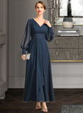 Libby A-line V-Neck Ankle-Length Chiffon Mother of the Bride Dress With Beading Cascading Ruffles Sequins UKP0021698