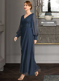 Libby A-line V-Neck Ankle-Length Chiffon Mother of the Bride Dress With Beading Cascading Ruffles Sequins UKP0021698