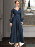 Libby A-line V-Neck Ankle-Length Chiffon Mother of the Bride Dress With Beading Cascading Ruffles Sequins UKP0021698