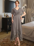 Vivien A-line V-Neck Asymmetrical Chiffon Lace Mother of the Bride Dress With Pleated UKP0021699