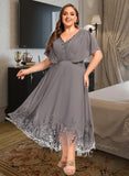 Vivien A-line V-Neck Asymmetrical Chiffon Lace Mother of the Bride Dress With Pleated UKP0021699