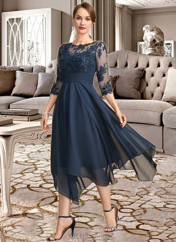 Thalia A-line Scoop Illusion Tea-Length Chiffon Lace Mother of the Bride Dress With Sequins UKP0021704