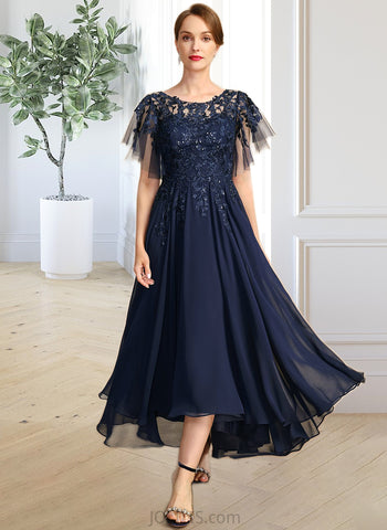 Alivia A-line Scoop Illusion Asymmetrical Chiffon Lace Mother of the Bride Dress With Sequins UKP0021712