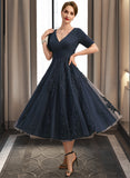 Kenya A-line V-Neck Tea-Length Lace Tulle Mother of the Bride Dress With Pleated UKP0021716