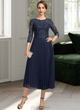 Jaylen A-line Scoop Illusion Tea-Length Chiffon Lace Mother of the Bride Dress With Pleated Sequins UKP0021720