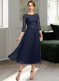 Jaylen A-line Scoop Illusion Tea-Length Chiffon Lace Mother of the Bride Dress With Pleated Sequins UKP0021720