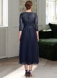 Jaylen A-line Scoop Illusion Tea-Length Chiffon Lace Mother of the Bride Dress With Pleated Sequins UKP0021720