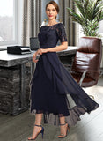 Emelia A-line Scoop Illusion Asymmetrical Chiffon Lace Mother of the Bride Dress UKP0021725