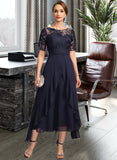 Emelia A-line Scoop Illusion Asymmetrical Chiffon Lace Mother of the Bride Dress UKP0021725