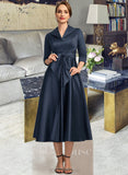 Karen A-line V-Neck Tea-Length Satin Mother of the Bride Dress UKP0021727