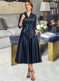 Karen A-line V-Neck Tea-Length Satin Mother of the Bride Dress UKP0021727