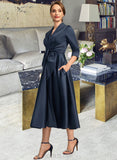 Karen A-line V-Neck Tea-Length Satin Mother of the Bride Dress UKP0021727