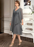 Laurel A-line V-Neck Knee-Length Chiffon Lace Mother of the Bride Dress With Cascading Ruffles Sequins UKP0021732