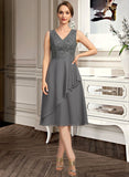 Laurel A-line V-Neck Knee-Length Chiffon Lace Mother of the Bride Dress With Cascading Ruffles Sequins UKP0021732