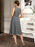 Laurel A-line V-Neck Knee-Length Chiffon Lace Mother of the Bride Dress With Cascading Ruffles Sequins UKP0021732