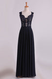 Straps Prom Dresses With Applique And Beads Open Back A Line Chiffon