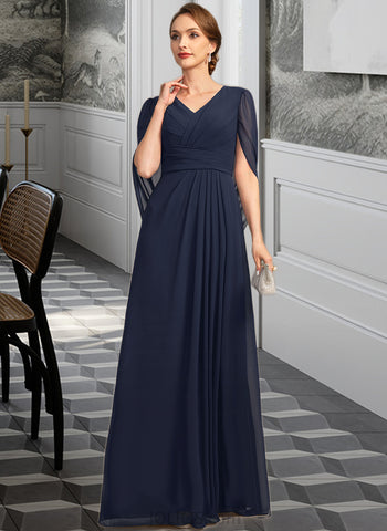 Gwen A-line V-Neck Floor-Length Chiffon Mother of the Bride Dress With Pleated UKP0021734