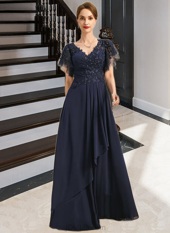 Leslie A-line V-Neck Floor-Length Chiffon Lace Mother of the Bride Dress With Cascading Ruffles Sequins UKP0021738