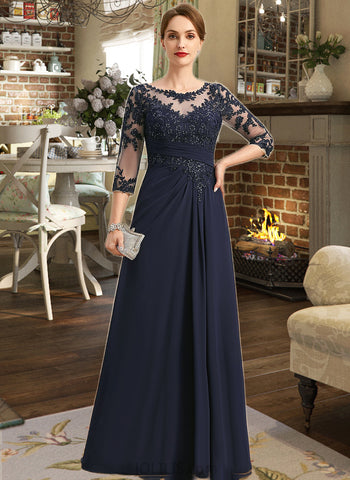 Ashanti A-line Scoop Illusion Floor-Length Chiffon Lace Mother of the Bride Dress With Pleated Sequins UKP0021741