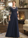 Ashanti A-line Scoop Illusion Floor-Length Chiffon Lace Mother of the Bride Dress With Pleated Sequins UKP0021741