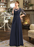 Ashanti A-line Scoop Illusion Floor-Length Chiffon Lace Mother of the Bride Dress With Pleated Sequins UKP0021741