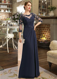 Ashanti A-line Scoop Illusion Floor-Length Chiffon Lace Mother of the Bride Dress With Pleated Sequins UKP0021741