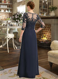 Ashanti A-line Scoop Illusion Floor-Length Chiffon Lace Mother of the Bride Dress With Pleated Sequins UKP0021741